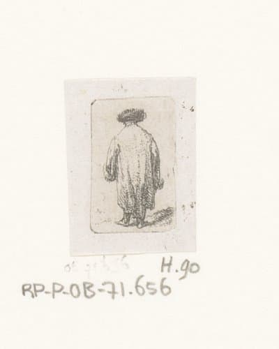 Man in lange mantel en met bontmuts op de rug gezien by Jean Pierre Norblin de la Gourdaine