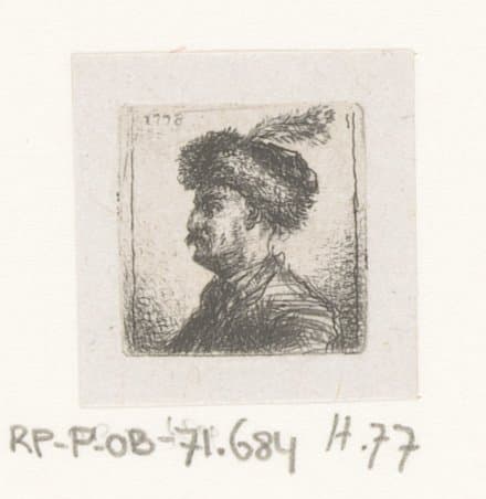 Kop van man met bontmuts met veer by Jean Pierre Norblin de la Gourdaine
