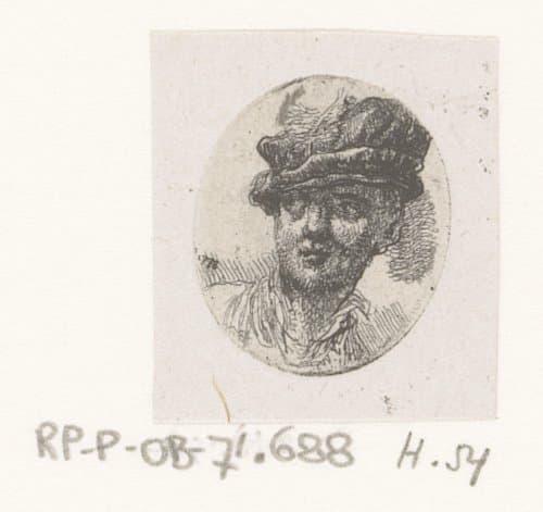 Kop van man met muts met veer by Jean Pierre Norblin de la Gourdaine