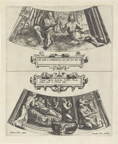 Esau verkoopt zijn geboorterecht en De geboorte van Esau en Jakob by Cornelis Cort