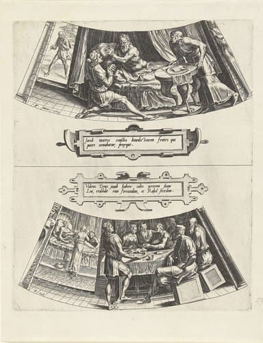 Jakob krijgt de vaderlijke zegen van Isaac en Het huwelijk van Jakob en Lea by Cornelis Cort