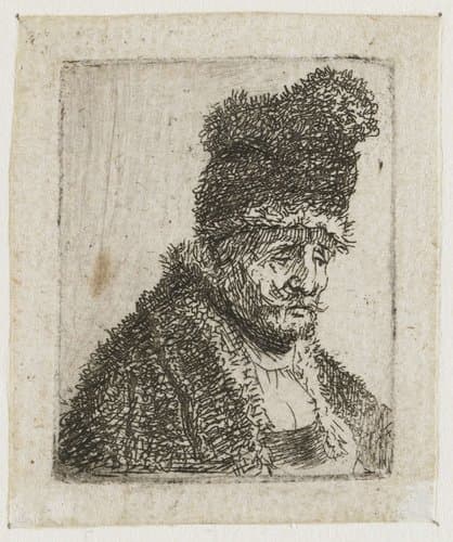 Sheet of studies of men's head: old man in fur coat and high cap by Rembrandt van Rijn