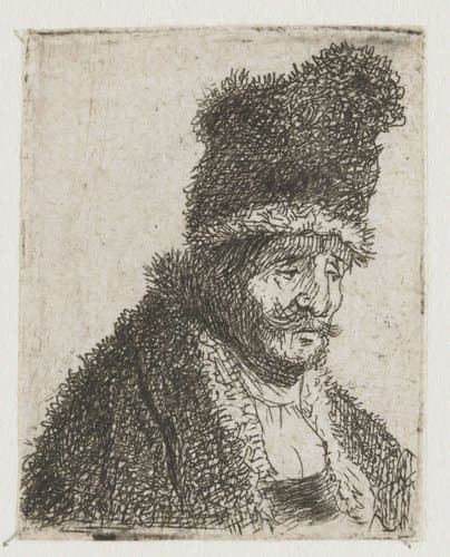 Sheet of studies of men's head: old man in fur coat and high cap by Rembrandt van Rijn