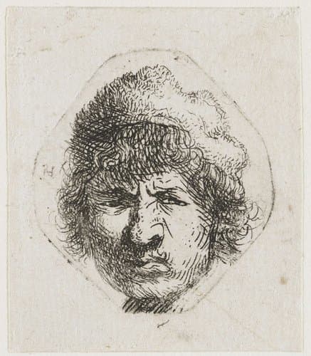 Zelfportret, stuurs kijkend by Rembrandt van Rijn