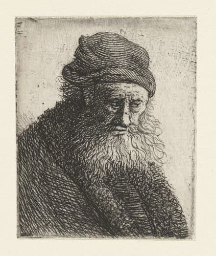 Bearded man with short wavy hair: bust by Rembrandt van Rijn