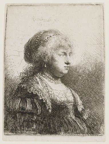 Saskia with pearls in her hair by Rembrandt van Rijn