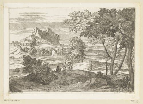Arcadisch landschap met figuren en konijnen by Théodore