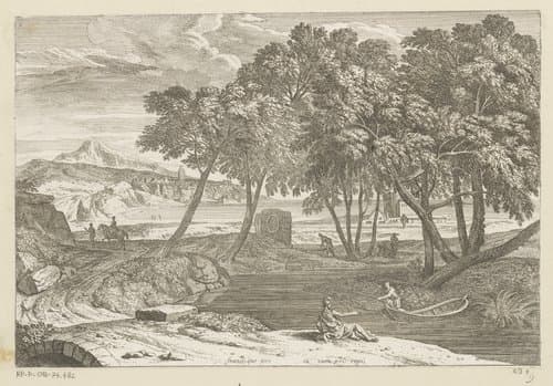 Arcadisch landschap met een visser in een boot by Théodore