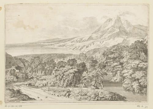 Arcadisch berglandschap met badende figuren bij een beek by Théodore