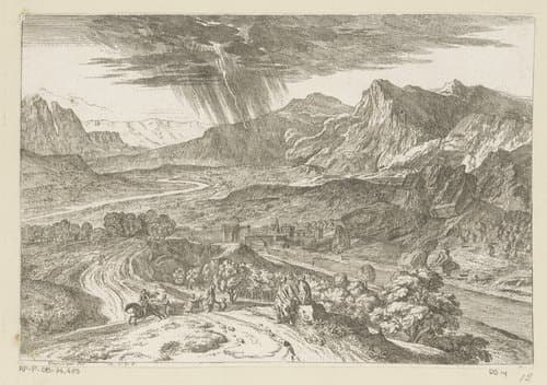 Arcadisch landschap met figuren op een voetpad tijdens een storm by Théodore