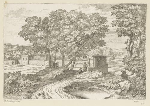 Arcadisch landschap met twee vrouwen bij een fontein by Théodore