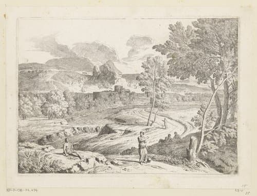 Arcadisch landschap met figuren langs een pad aan een stroming by Théodore