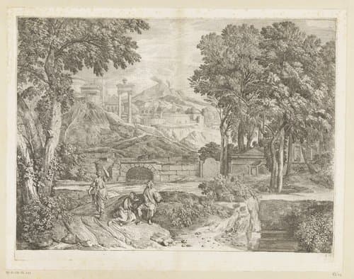 Arcadisch landschap met twee mannen en een fruit-dragende vrouw by Théodore