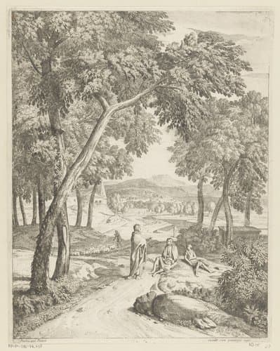 Arcadisch landschap met figuren op een pad onder een boom by Théodore