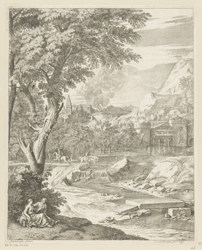 Arcadisch landschap met figuren bij een beek by Théodore