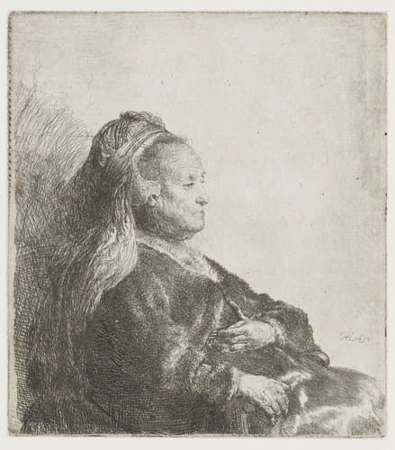 Rembrandt's moeder zittend, met oosterse hoofdtooi: ten halven lijve by Rembrandt van Rijn