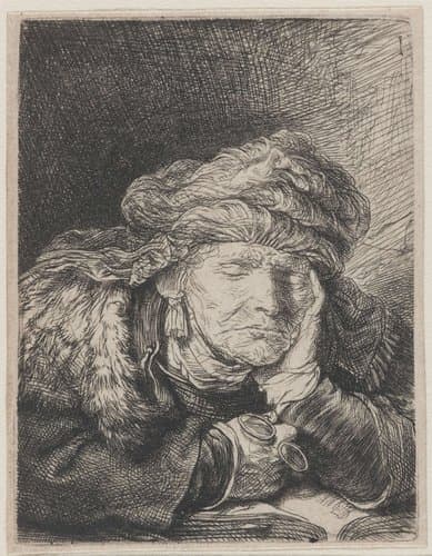 Slapende oude vrouw by Rembrandt van Rijn
