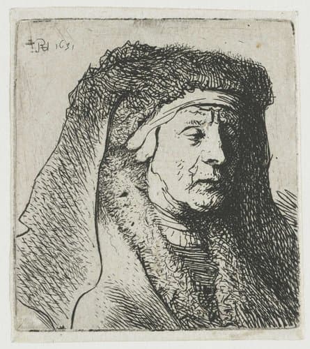 Bust of an old woman in a furred cloak and heavy headdress by Rembrandt van Rijn
