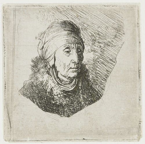 Woman with a high headdress wrapped around the chin: bust by Rembrandt van Rijn