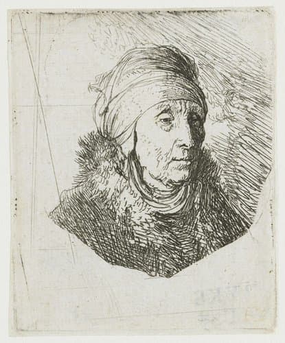 Woman with a high headdress wrapped around the chin: bust by Rembrandt van Rijn