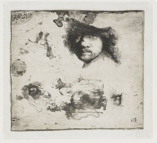 Studieblad: zelfportret, een paar bedelaars, koppen van oude man en een vrouw, etc. by Rembrandt van Rijn