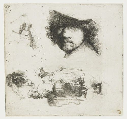 Sheet of studies: head of the artist, a beggar couple, heads of an old man and old woman, etc. by Rembrandt van Rijn