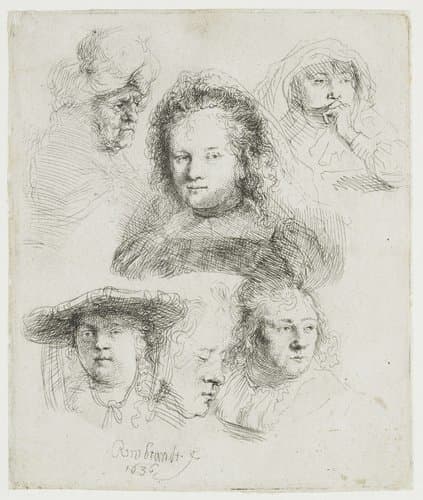 Kopstudies van Saskia en anderen by Rembrandt van Rijn
