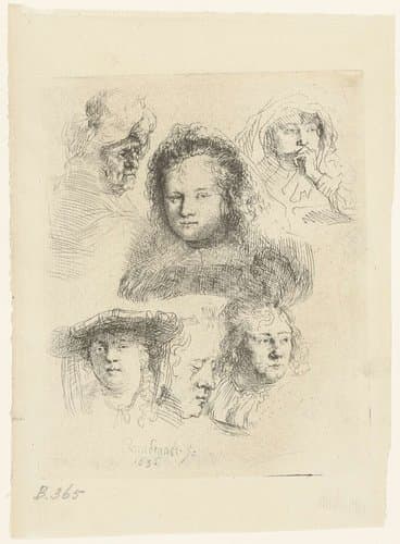 Studies of the head of Saskia and others by Rembrandt van Rijn