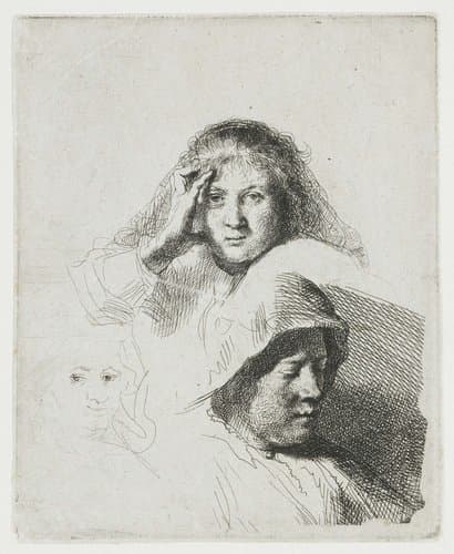 Drie vrouwenkoppen, één zeer licht geëtst by Rembrandt van Rijn