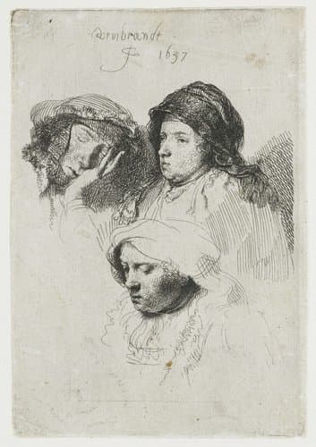 Three heads of women: one asleep by Rembrandt van Rijn