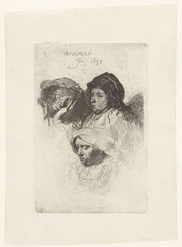 Three heads of women: one asleep by Rembrandt van Rijn