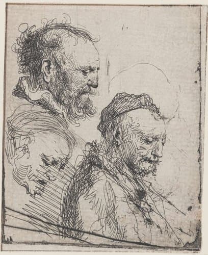Studieblad met drie koppen van een oude man by Rembrandt van Rijn