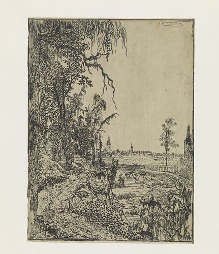 Een weg met bomen en een stad in de achtergrond by Hercules Segers