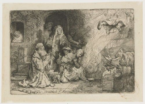 De engel verlaat de familie van Tobias by Rembrandt van Rijn