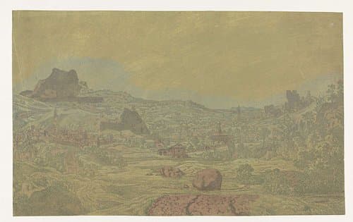 Vallei met rivier en een stad met vier torens by Hercules Segers