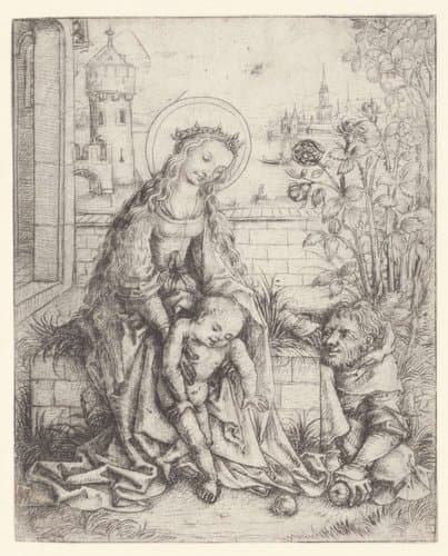 De Heilige Familie bij de rozenstruik by Meester van het Amsterdamse Kabinet