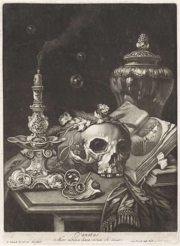 Vanitasstilleven met een bloembekranste schedel by Pieter Schenk (I)