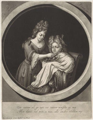 Vrouw scheert een man by Pieter Schenk (I)