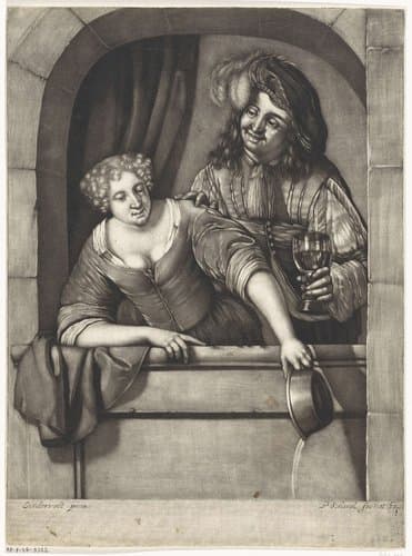 Vrouw en man in een venster by Pieter Schenk (I)