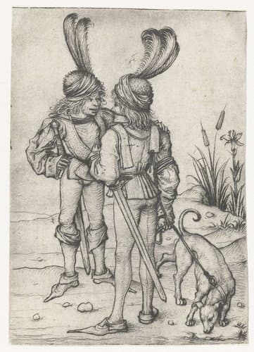 Twee pratende jagers by Meester van het Amsterdamse Kabinet
