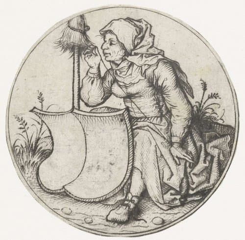 Spinnende boerin met een blank wapenschild by Meester van het Amsterdamse Kabinet