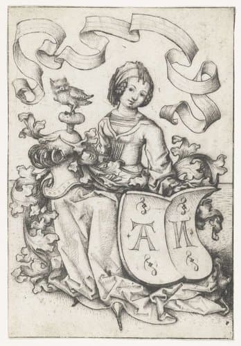 Dame met uil en wapenschild met de letters AN by Meester van het Amsterdamse Kabinet