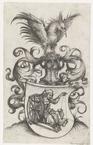 Wapenschild met oude twijnende vrouw by Meester van het Amsterdamse Kabinet