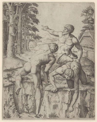 Drie naakte mannen in landschap by Marcantonio Raimondi