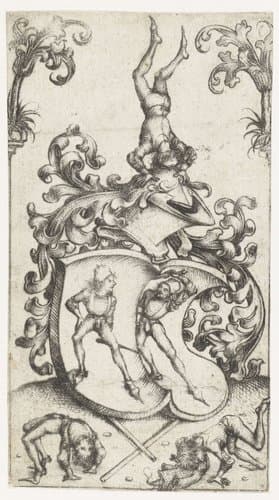 Wapenschild met acrobaten en zwaardvechters