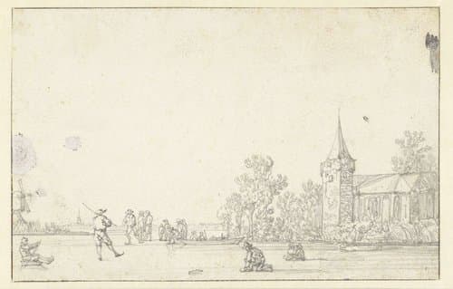 Bevroren rivier met schaatsers bij een kerk by Aelbert Cuyp