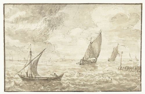 Golvend water met drie zeilende boten by Jan van Goyen