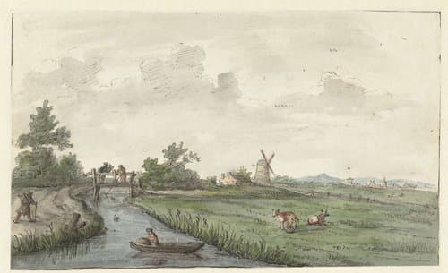 Landschap met een sloot en een landweg