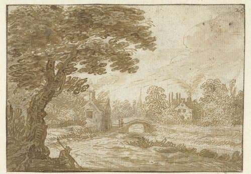 Landschap met huizen en een bruggetje by Jan van Goyen
