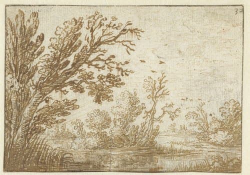 Bomen en struiken langs kronkelend water by Jan van Goyen